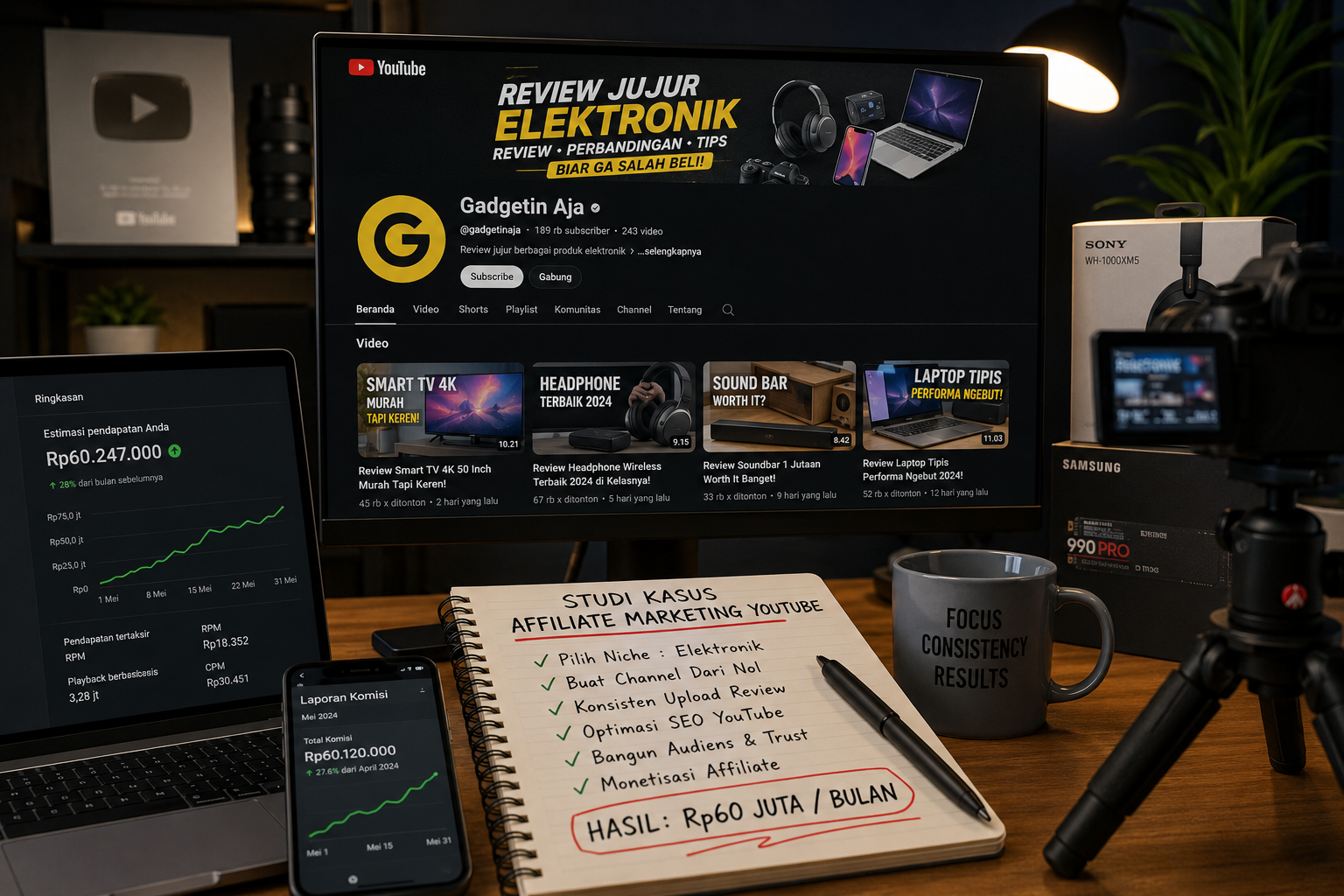 Studi Kasus Affiliate Marketing YouTube: Channel Review Elektronik dari Nol hingga Rp60 Juta per Bulan