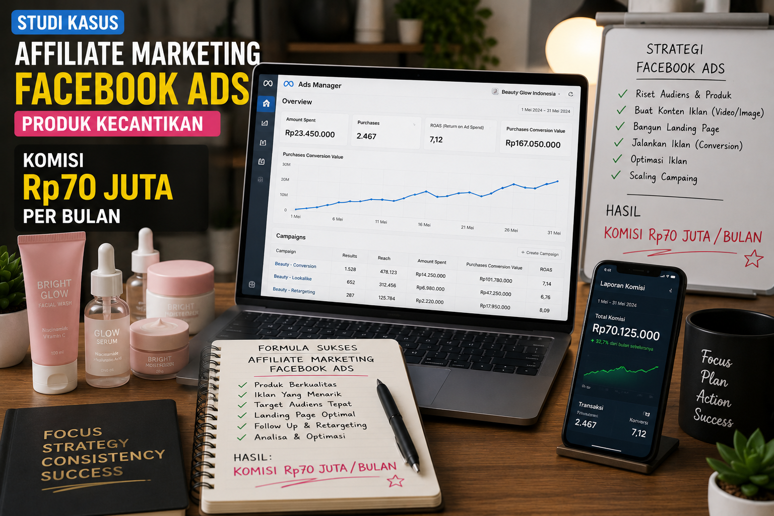 Studi Kasus Affiliate Marketing Facebook Ads: Produk Kecantikan dengan Komisi Rp70 Juta per Bulan