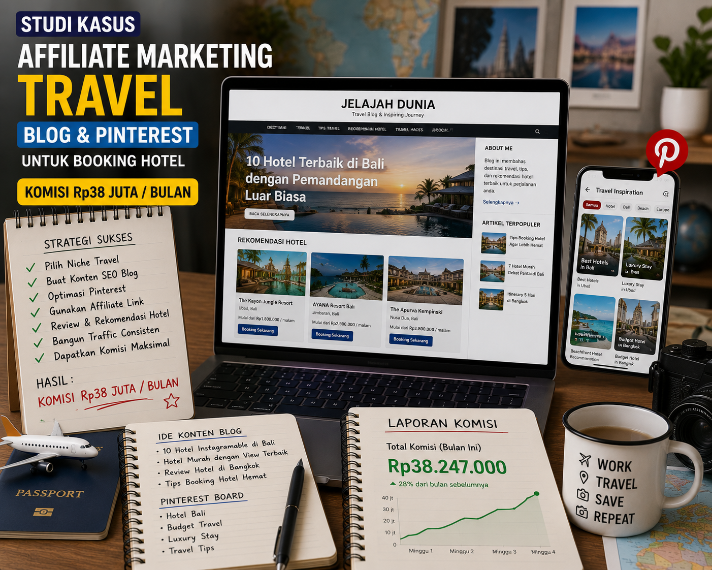 Studi Kasus Affiliate Marketing Travel: Blog dan Pinterest untuk Booking Hotel dengan Komisi Rp38 Juta per Bulan